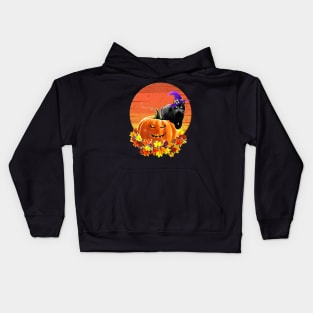 Black cat with witch hat, catoween halloween, jack pumpkin, spooky moon Kids Hoodie